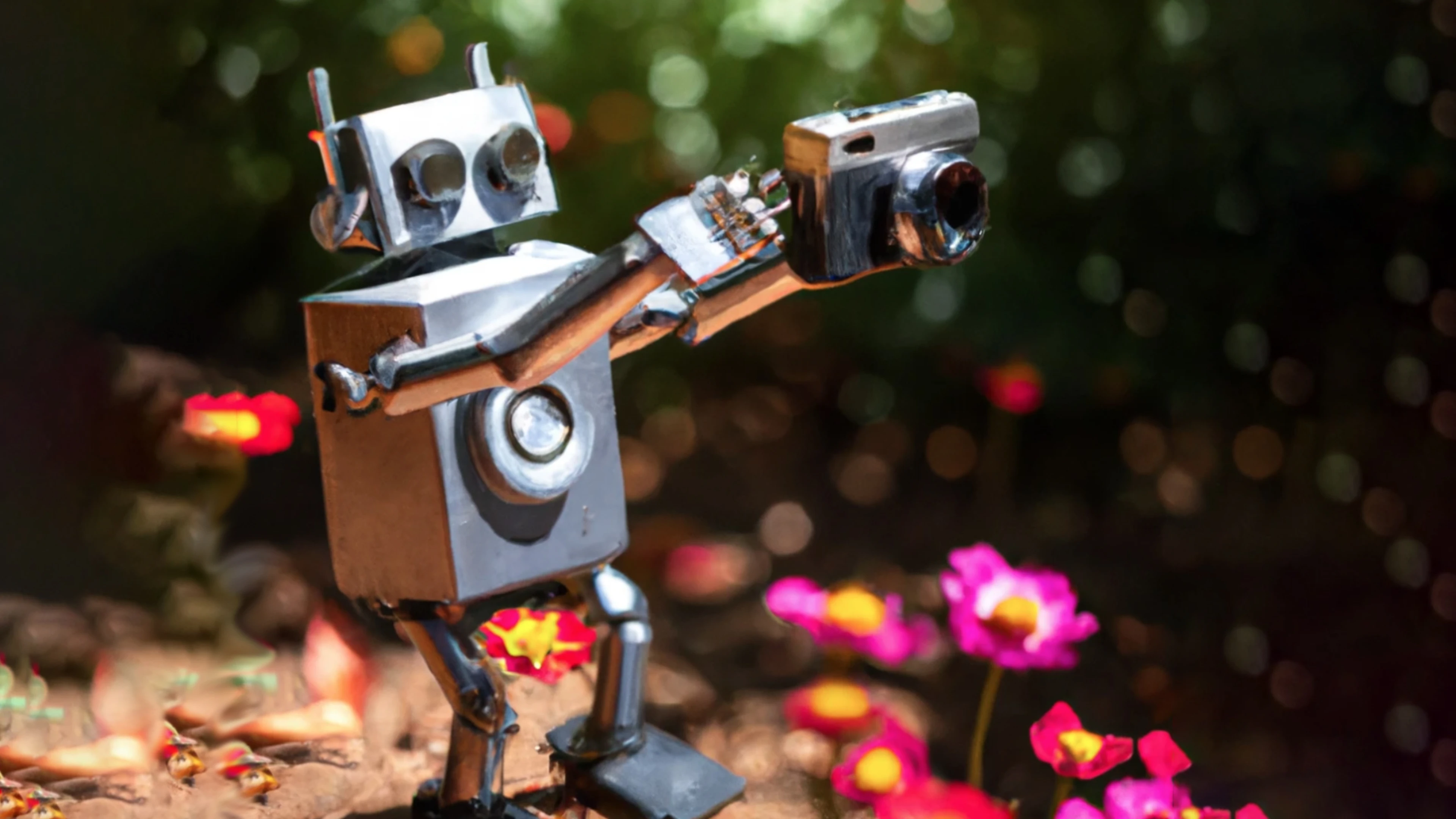 The Human Eye Vs. Artificial Intelligence: Why Photography Will Always Need Photographers 10 Metallic Robot Sculpture Photographing In A Garden With Colorful Flowers And Greenery.