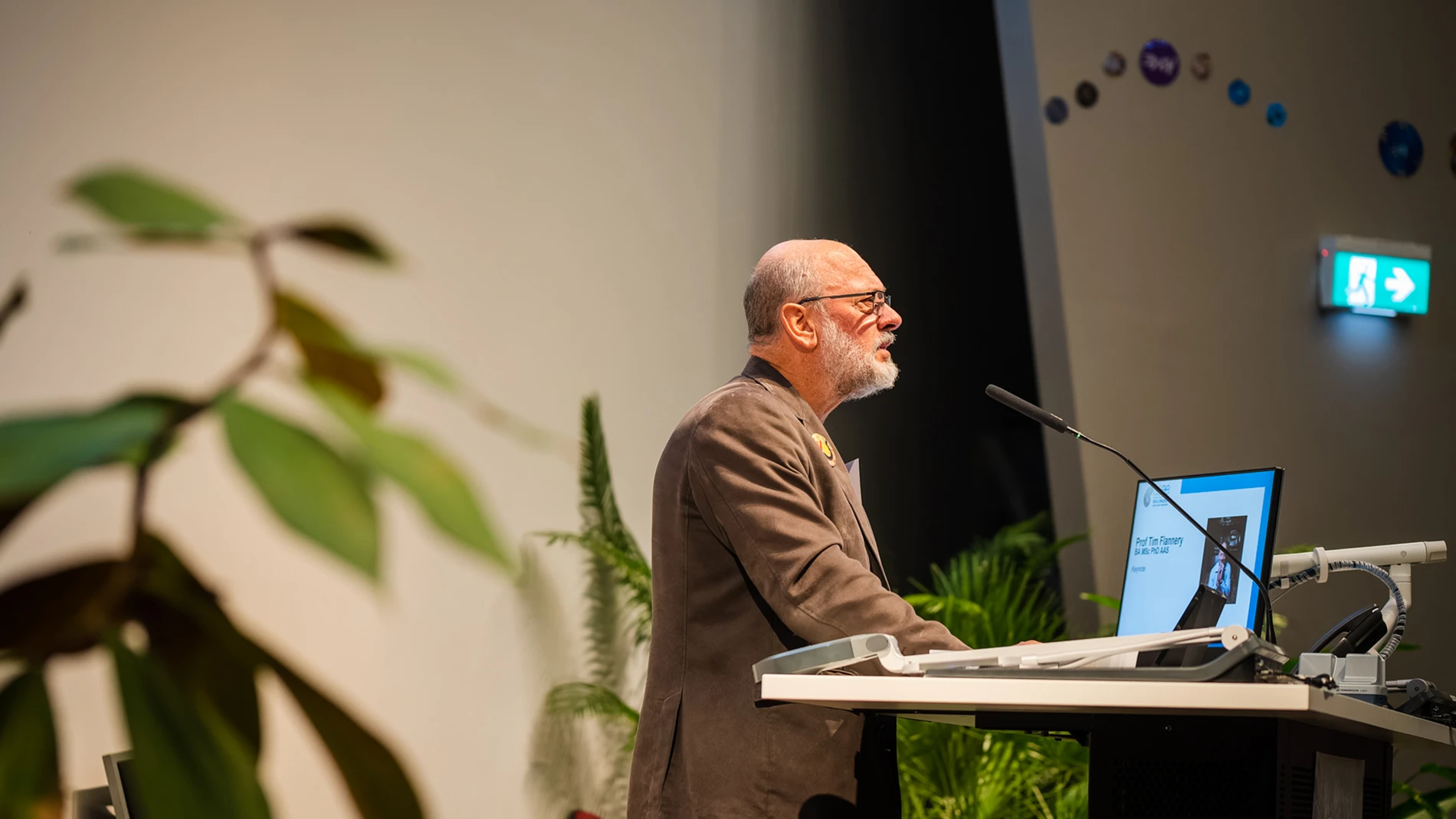 Behind The Lens At The Aaee Environmental Education Conference 5 Person Speaking At A Podium With A Presentation Screen, Plants, And Circular Decorations In Background.