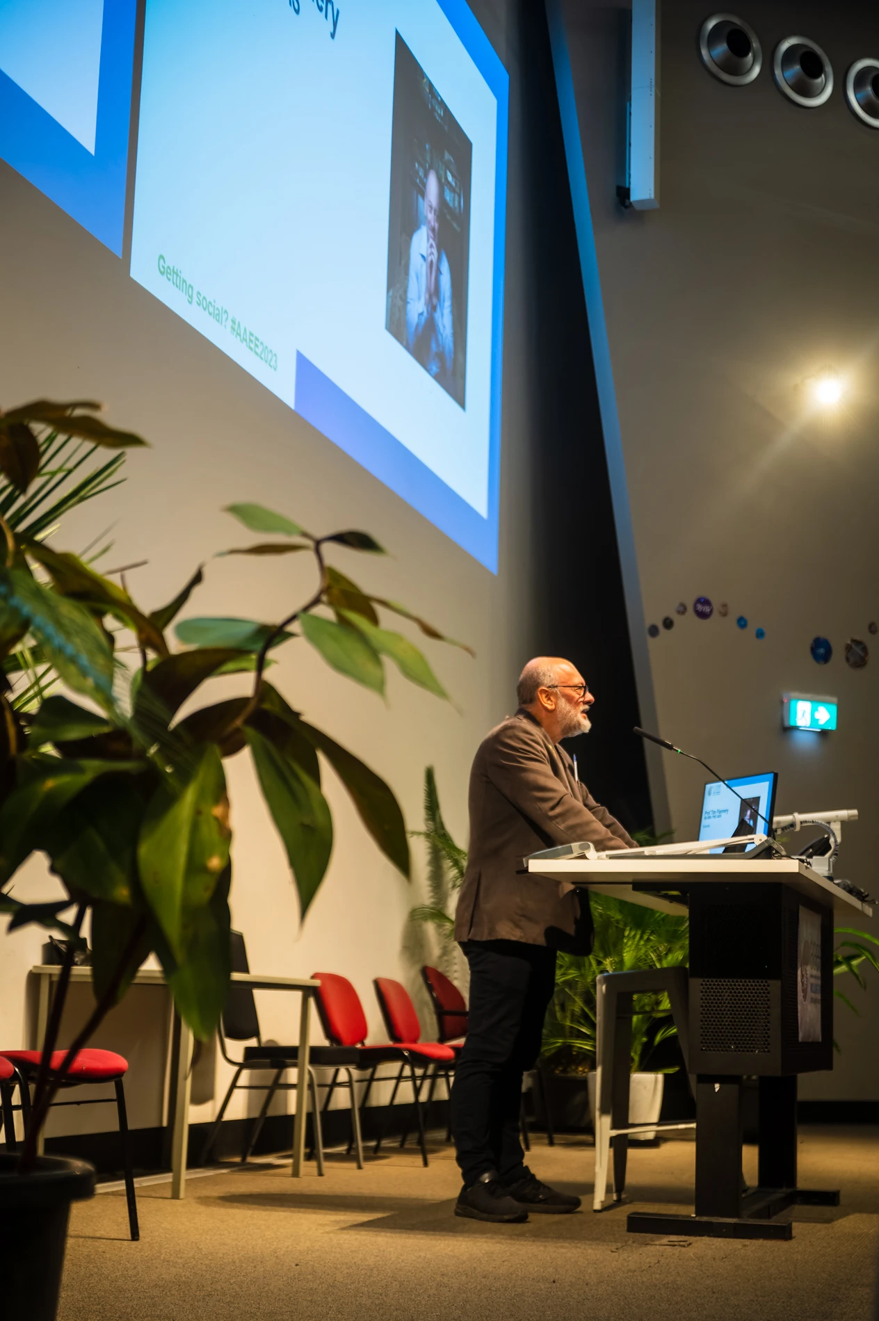 Person Presenting At Podium In Conference Room With Plants And Projection Screen.