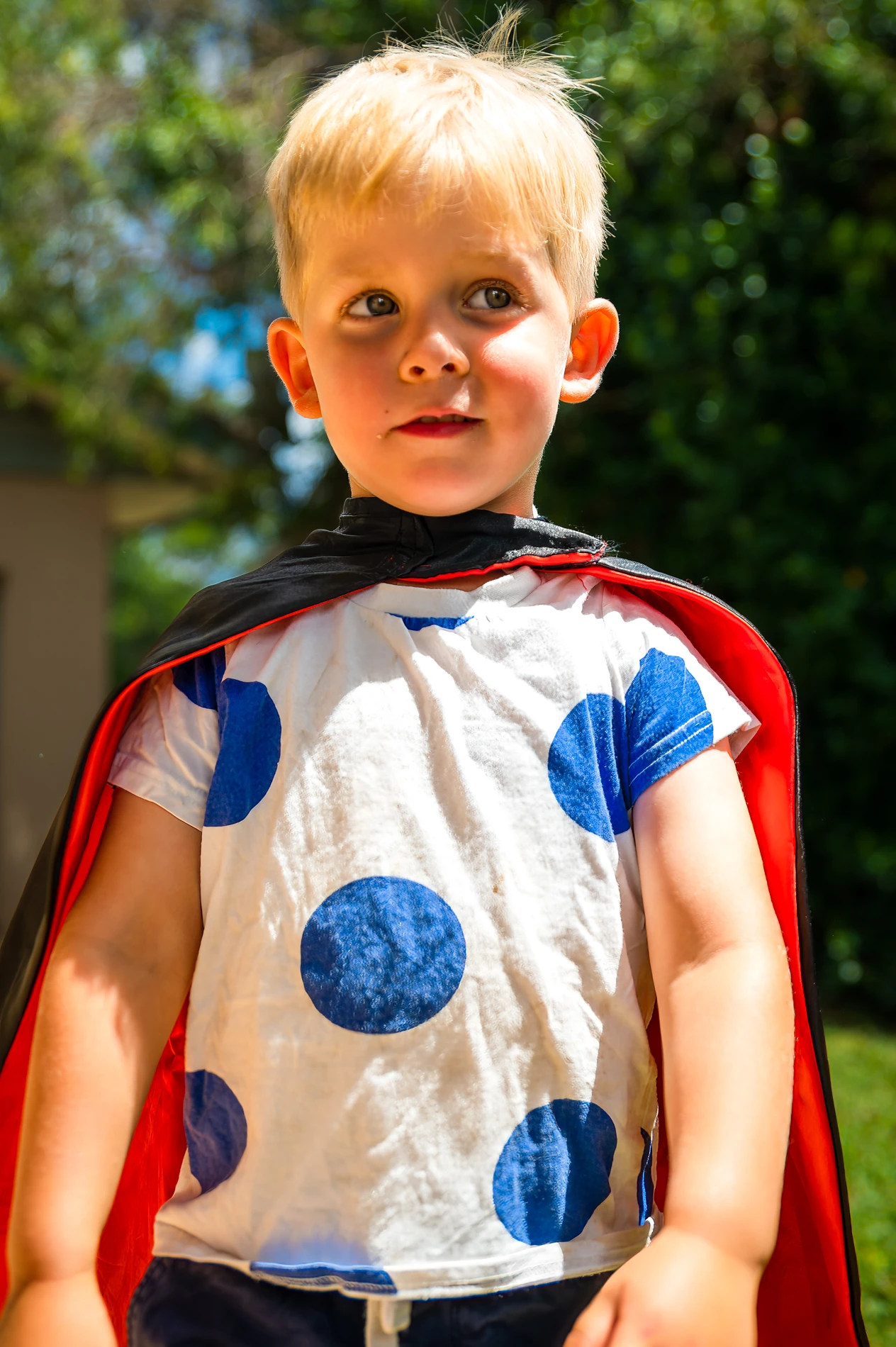 Child Outdoors In Garden Wearing A Black And Red Cape, White Shirt With Blue Dots.