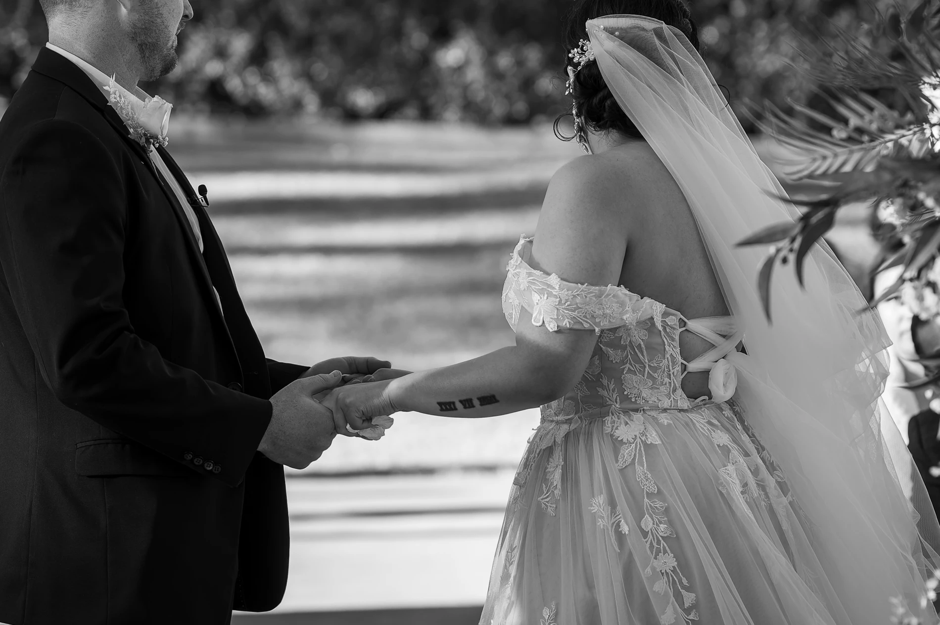 Bride And Groom Holding Hands At Outdoor Wedding, Bride In Lace Dress And Veil, Groom In Suit.