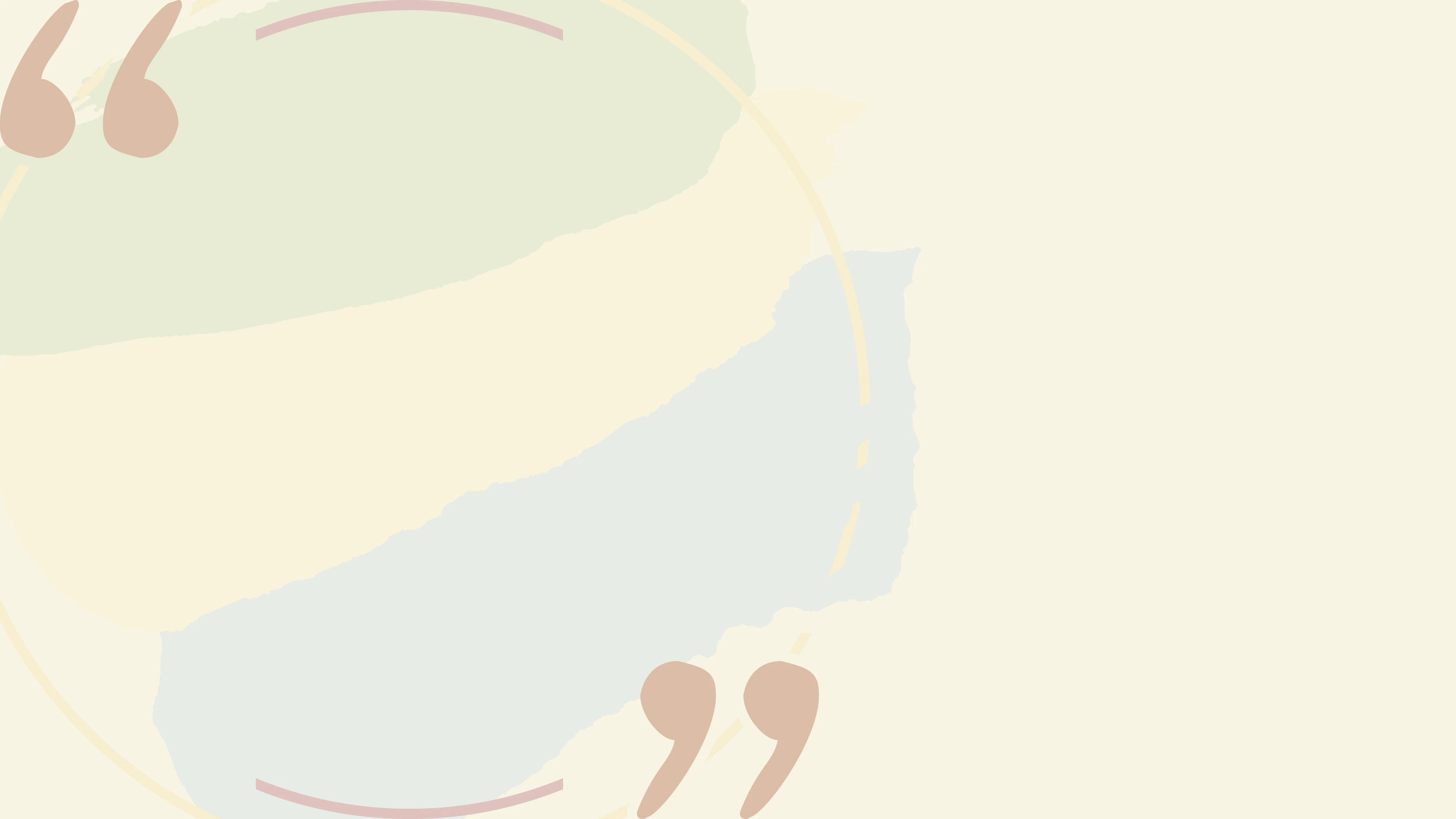 Beige background with pastel green, yellow, and blue shapes; stylised quotes at corners.