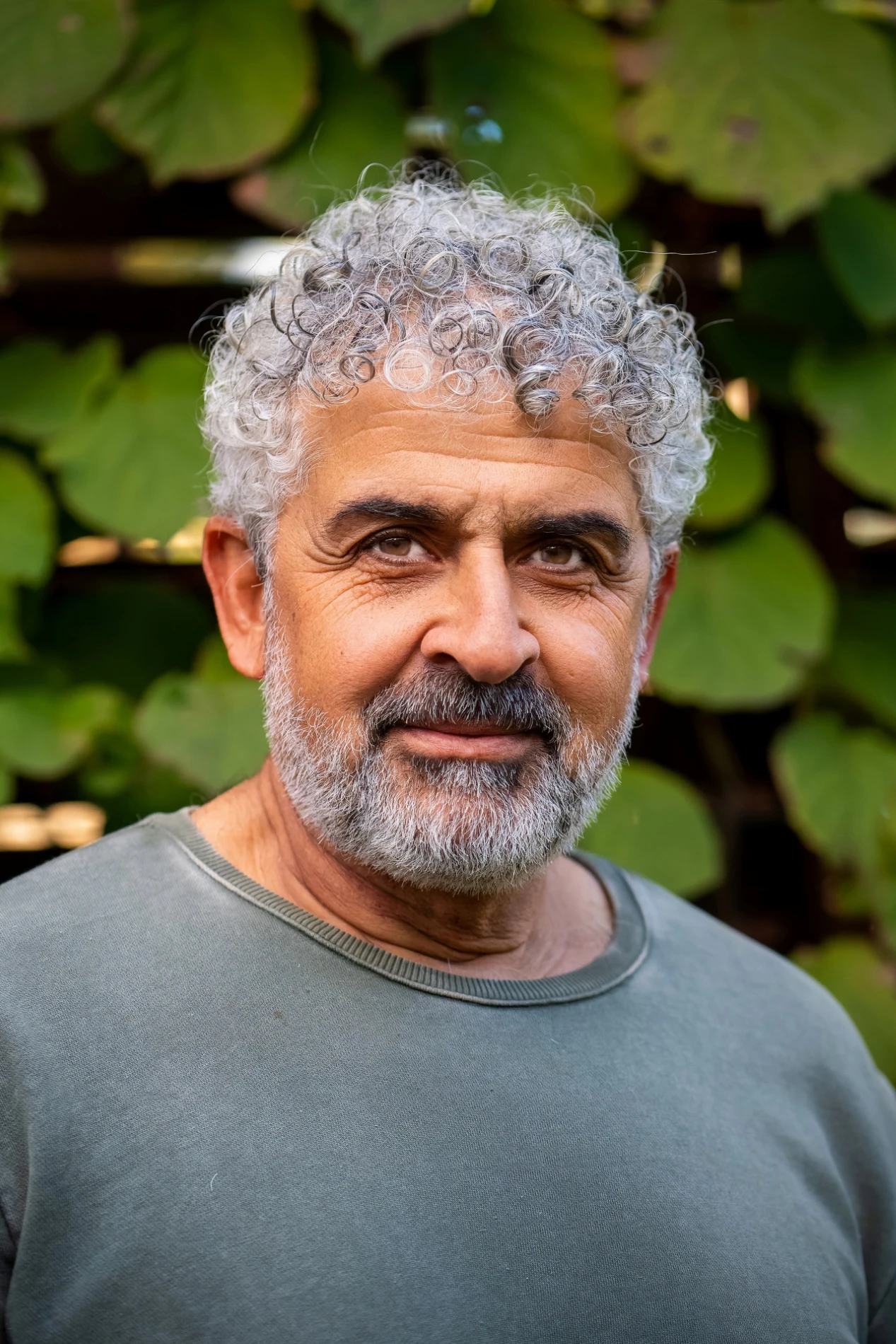 Older Man With Curly Grey Hair And Beard In Grey Shirt, Green Leaves In The Background.