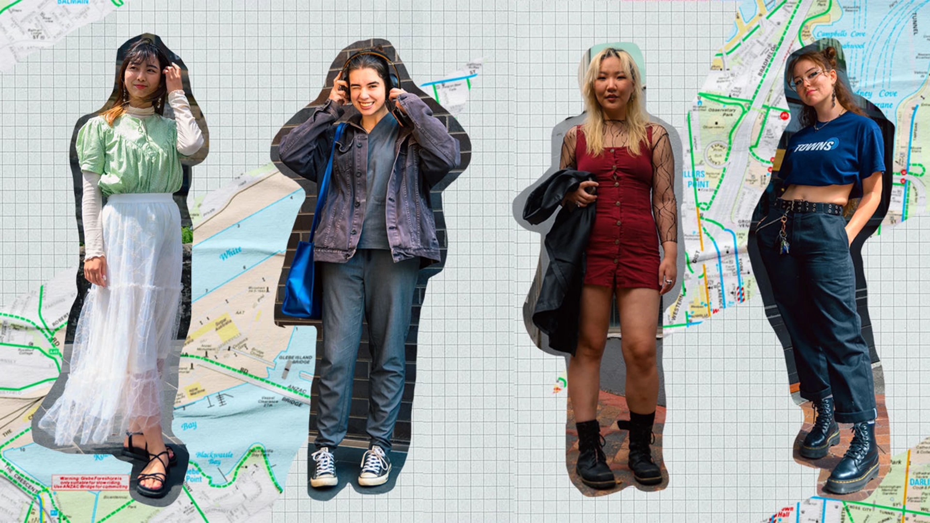 Four people in various street fashion stand before an urban map backdrop.